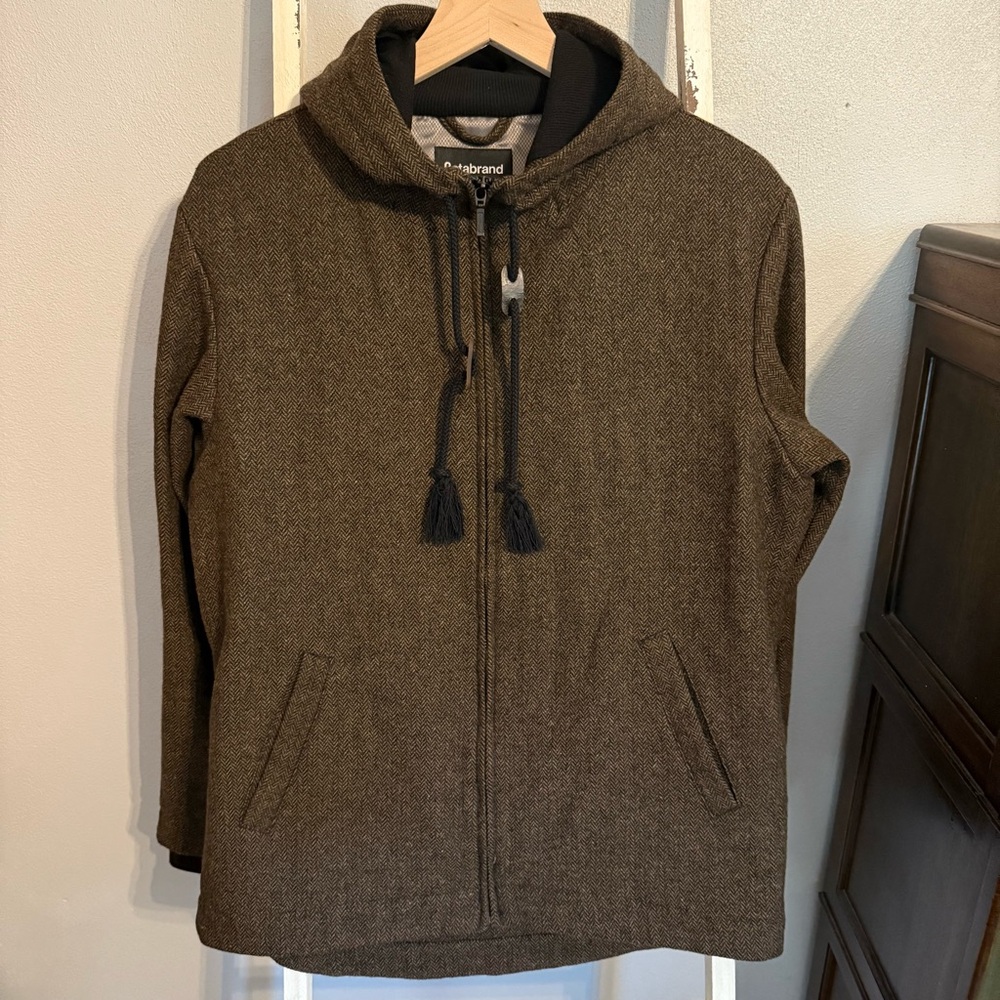 Betabrand Academic Brown Wool Herringbone Hooded Jacket Sz M with Elbow Patches